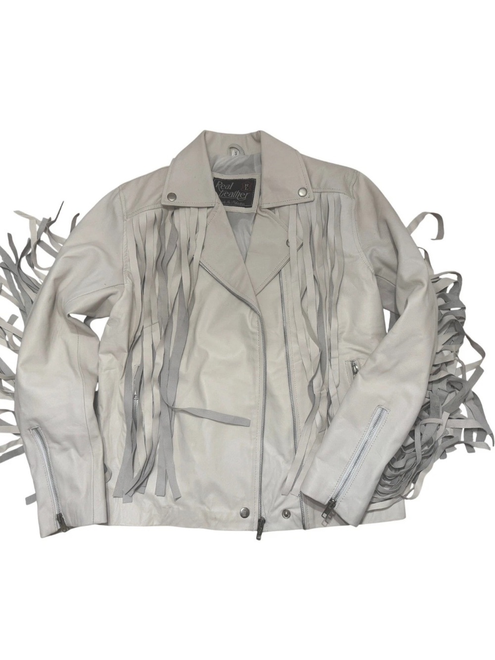 Women's Fringe genuine leather Biker Jacket - white size small
